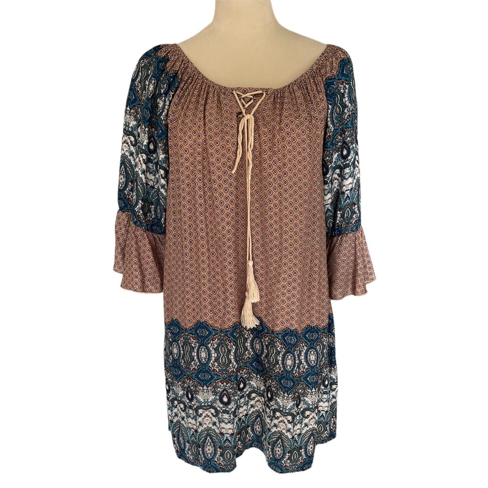 Umgee Floral Peasant Boho Ruffle Flutter‎ Sleeve Shift Tunic Mini Dress Sz M